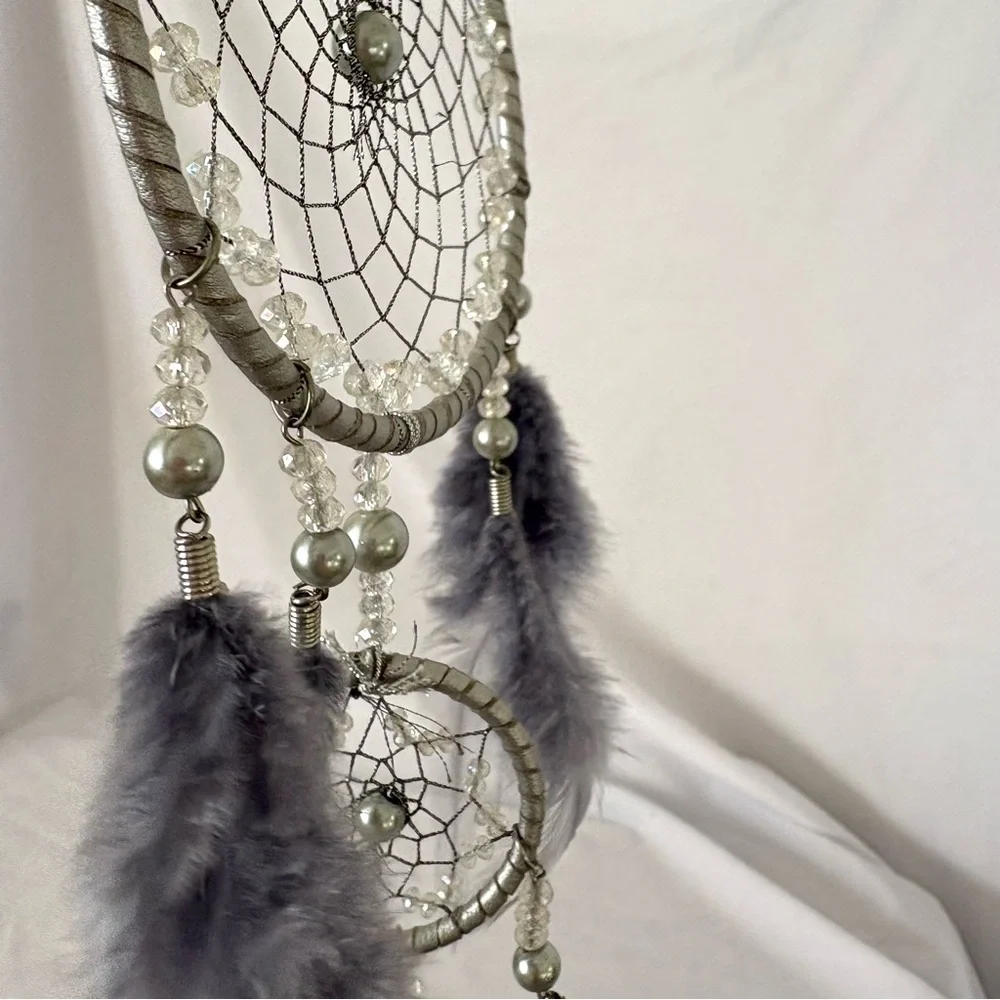 Iridescent beaded dream catcher blue home decor wall hanging